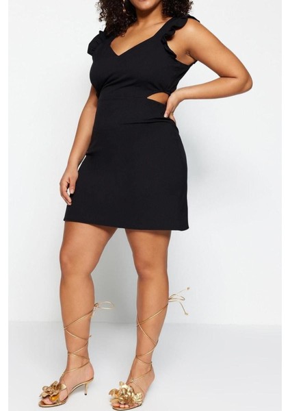 Moda Fit Gündüz Gece Krep Dokuma V Yaka Askılı Kol A-Line Mini Boy Büyük Beden Elbise modelleri