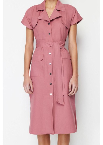 Moda Regular Casual Günlük Gabardin Dokuma Gömlek Yaka Kısa Kol Gömlek Elbise Midi Boy Elbise