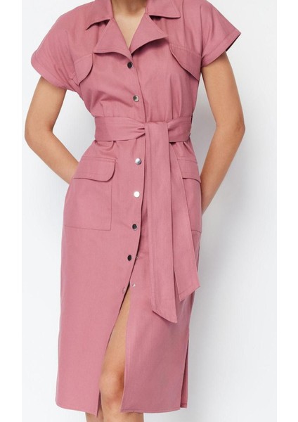 Moda Regular Casual Günlük Gabardin Dokuma Gömlek Yaka Kısa Kol Gömlek Elbise Midi Boy Elbise