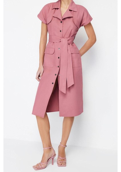 Moda Regular Casual Günlük Gabardin Dokuma Gömlek Yaka Kısa Kol Gömlek Elbise Midi Boy Elbise