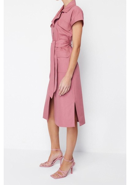 Moda Regular Casual Günlük Gabardin Dokuma Gömlek Yaka Kısa Kol Gömlek Elbise Midi Boy Elbise