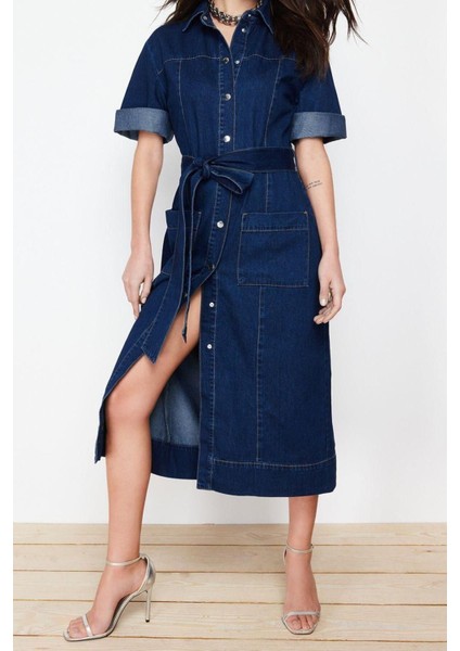 Moda Regular Casual Günlük Rigid Denim Gömlek Yaka Uzun Kol Basic Maxi Boy Elbise