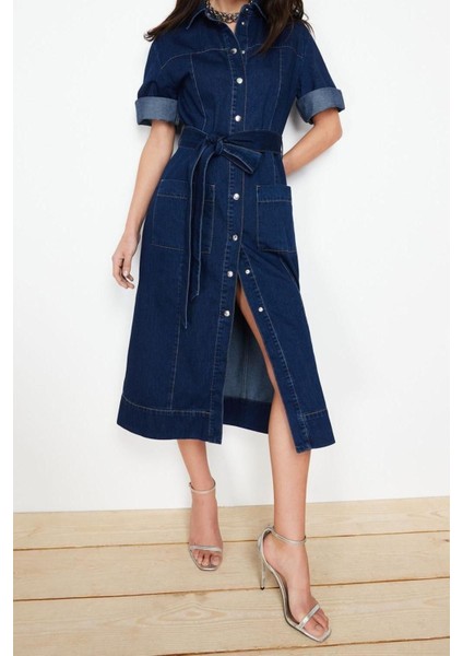 Moda Regular Casual Günlük Rigid Denim Gömlek Yaka Uzun Kol Basic Maxi Boy Elbise