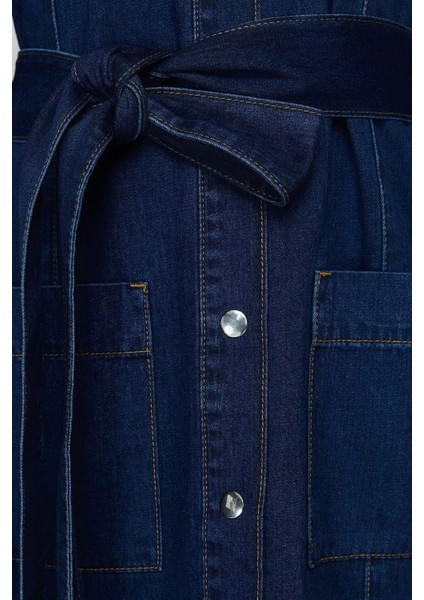 Moda Regular Casual Günlük Rigid Denim Gömlek Yaka Uzun Kol Basic Maxi Boy Elbise