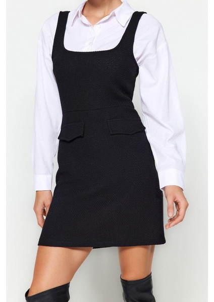 Moda Regular Casual Günlük Tüvit Dokuma Kare Yaka Askılı Kol Jile Mini Boy Elbise