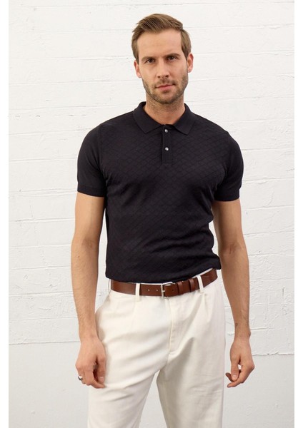 Erkek Yumuşak Dokulu Slim-Fit Kalıp Polo Yaka Ince Triko T-Shirt Koyu Lacivert - 5008DNGR
