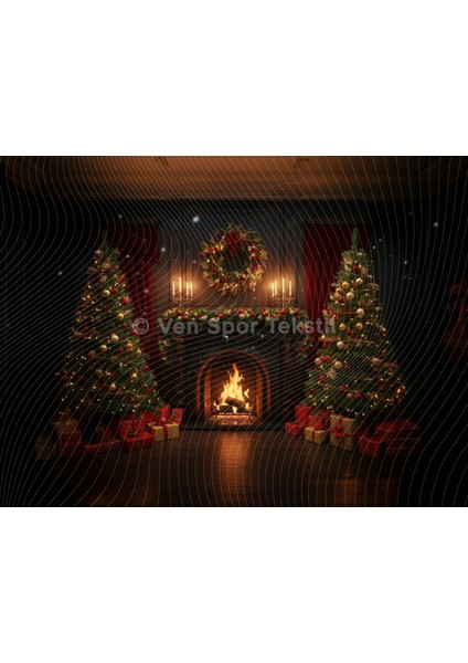 Noel Temalı 200 x 150 cm Stüdyo Fonu Arka Plan Şömine ve Çam Ağacı Süslemeli