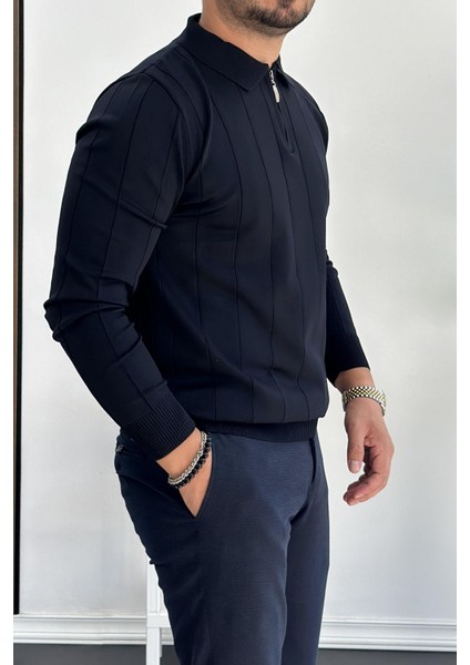 Erkek Yarım Fermuarlı Polo Yaka Mevsimlik Kazak Lacivert EDW195 modelleri