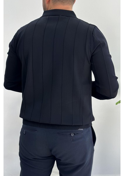 Erkek Yarım Fermuarlı Polo Yaka Mevsimlik Kazak Lacivert EDW195 fırsatları