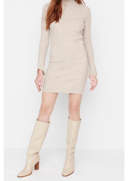 Moda Slim Casual Günlük Fitilli Triko Dik Yaka Uzun Kol Bodycone Mini Boy Elbise modelleri