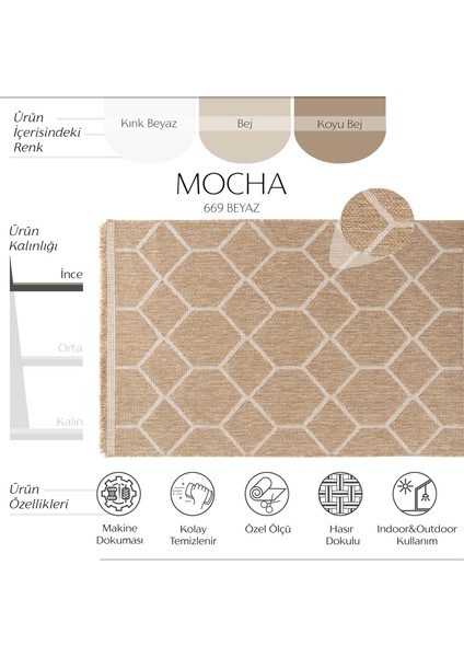 Mocha 669 Beyaz Halı Kilim Salon Koridor Yolluk Jüt Hasır Görünüm Dokuma Makine Halı