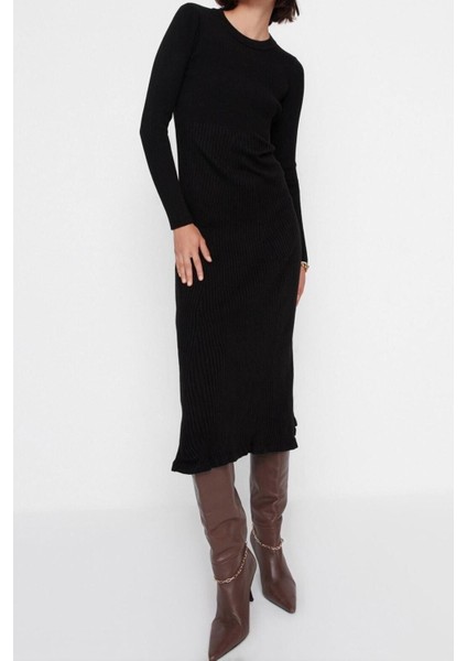 Moda Slim Casual Günlük Tek Plaka Triko Bisiklet Yaka Uzun Kol Bodycone Midi Boy Elbise