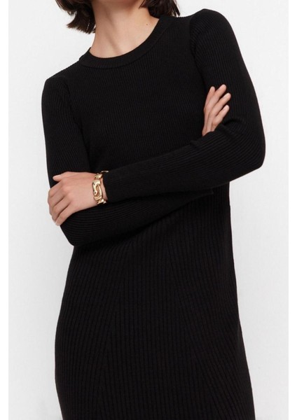 Moda Slim Casual Günlük Tek Plaka Triko Bisiklet Yaka Uzun Kol Bodycone Midi Boy Elbise
