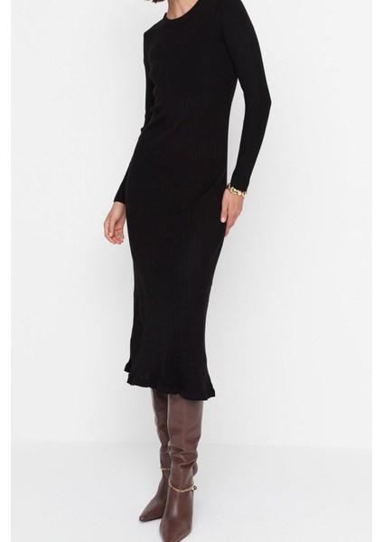 Moda Slim Casual Günlük Tek Plaka Triko Bisiklet Yaka Uzun Kol Bodycone Midi Boy Elbise