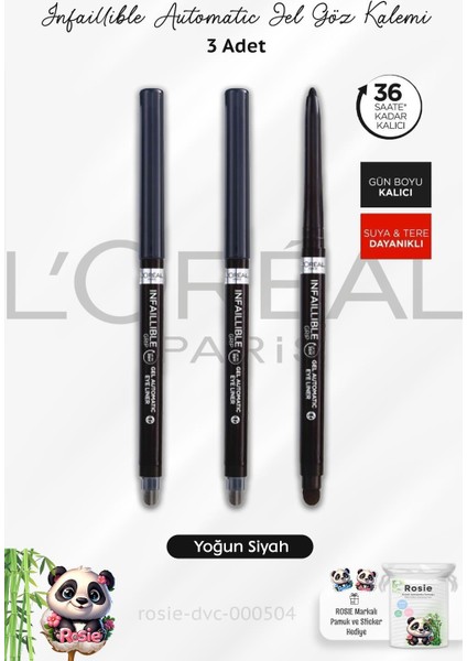 3 Adet Infaillible Grip Automatic Jel Göz Kalemi Yoğun Siyah ve Rosıe Pamuk