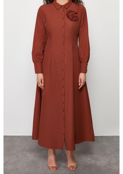 Moda Regular Casual Günlük Poplin Dokuma Gömlek Yaka Uzun Kol A-Line Maxi Boy Tesettür Elbise