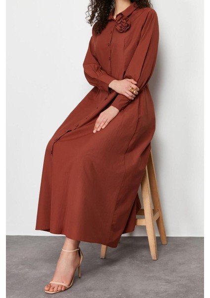 Moda Regular Casual Günlük Poplin Dokuma Gömlek Yaka Uzun Kol A-Line Maxi Boy Tesettür Elbise fiyatları