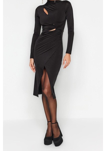 Moda Fit Mezuniyet Balo Sandy Örme Dik Yaka Uzun Kol Anvelop Midi Boy Elbise modelleri