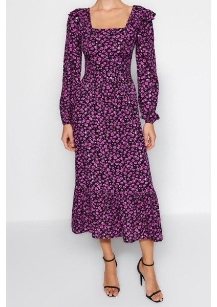 Moda Regular Casual Günlük Shally Dokuma Kare Yaka Uzun Kol A-Line Midi Boy Elbise
