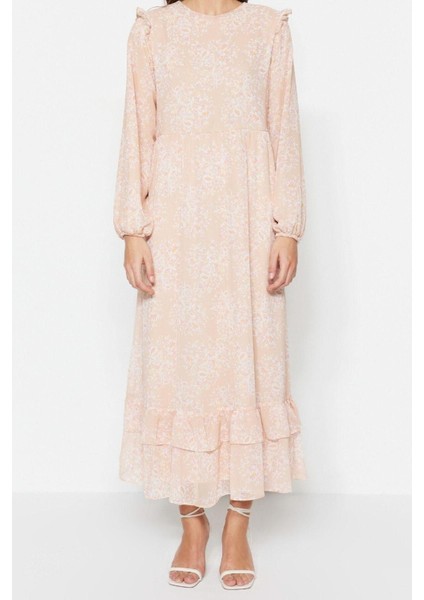 Moda Regular Casual Günlük Şifon Dokuma Bisiklet Yaka Uzun Kol A-Line Maxi Boy Tesettür Elbise