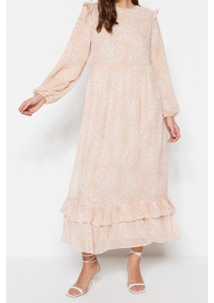 Moda Regular Casual Günlük Şifon Dokuma Bisiklet Yaka Uzun Kol A-Line Maxi Boy Tesettür Elbise fiyatları