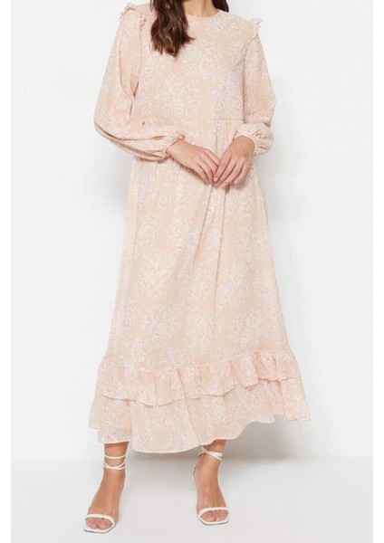 Moda Regular Casual Günlük Şifon Dokuma Bisiklet Yaka Uzun Kol A-Line Maxi Boy Tesettür Elbise modelleri