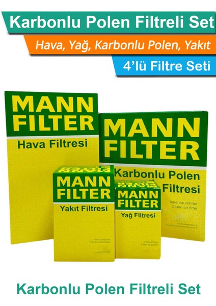 Bmw 1 Serisi F20 1.16D Mann Filtre Bakım Seti 2015-2019 Hava+Yağ+Yakıt+Karbonlu Polen