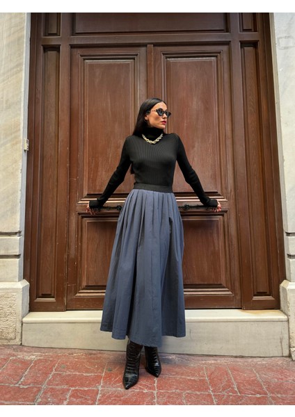 Kadın Lacivert Paraşüt Kumaş Pileli Beli Lastikli Tasarım Etek 28071 fiyatları