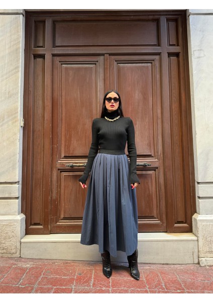 Kadın Lacivert Paraşüt Kumaş Pileli Beli Lastikli Tasarım Etek 28071 modelleri