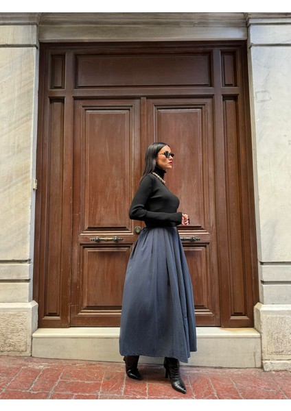 Kadın Lacivert Paraşüt Kumaş Pileli Beli Lastikli Tasarım Etek 28071 fırsatları