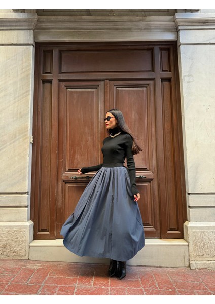 Kadın Lacivert Paraşüt Kumaş Pileli Beli Lastikli Tasarım Etek 28071 indirimleri