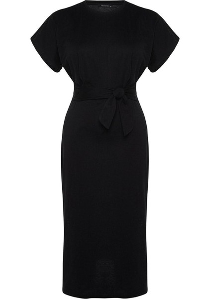 Moda Slim Casual Günlük Süprem Örme Bisiklet Yaka Kısa Kol Shift Midi Boy Büyük Beden Elbise