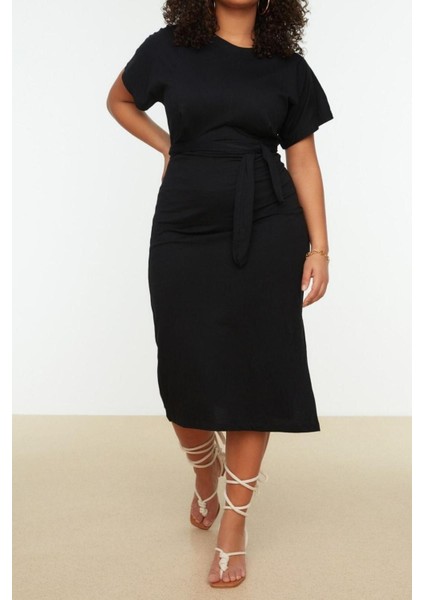 Moda Slim Casual Günlük Süprem Örme Bisiklet Yaka Kısa Kol Shift Midi Boy Büyük Beden Elbise fiyatları