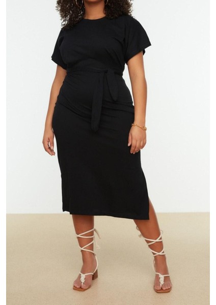 Moda Slim Casual Günlük Süprem Örme Bisiklet Yaka Kısa Kol Shift Midi Boy Büyük Beden Elbise modelleri