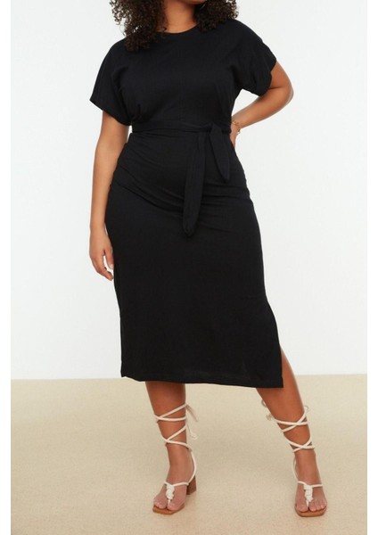 Moda Slim Casual Günlük Süprem Örme Bisiklet Yaka Kısa Kol Shift Midi Boy Büyük Beden Elbise fırsatları