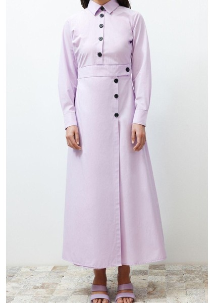 Moda Regular Casual Günlük Poplin Dokuma Gömlek Yaka Uzun Kol A-Line Uzun Boy Tesettür Elbise
