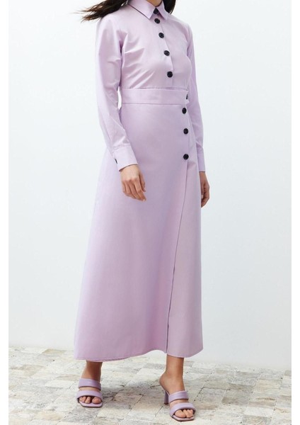 Moda Regular Casual Günlük Poplin Dokuma Gömlek Yaka Uzun Kol A-Line Uzun Boy Tesettür Elbise