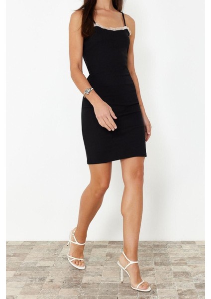 Moda Slim Casual Günlük Kaşkorse Örme Kare Yaka Askılı Kol Bodycone Mini Boy Elbise