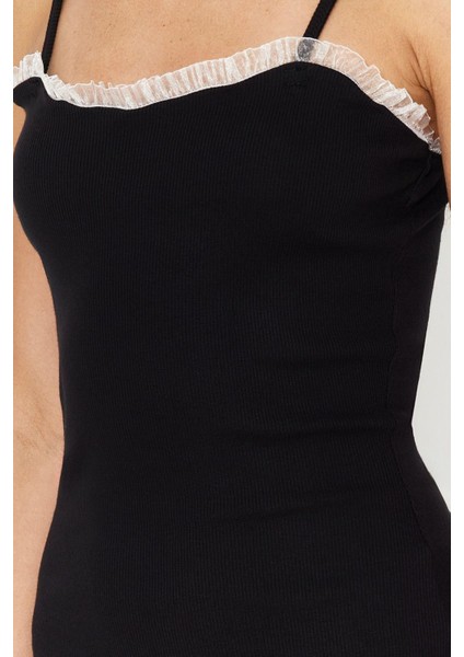 Moda Slim Casual Günlük Kaşkorse Örme Kare Yaka Askılı Kol Bodycone Mini Boy Elbise