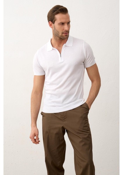 Erkek Basic Slim-Fit Kalıp Polo Yaka Yazlık Triko T-Shirt Beyaz - 5009DNGR