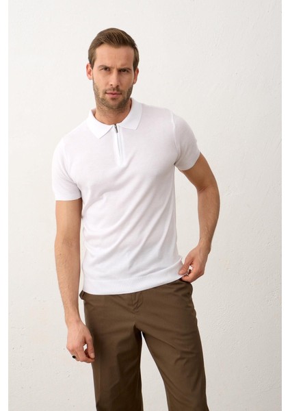 Erkek Basic Slim-Fit Kalıp Polo Yaka Yazlık Triko T-Shirt Beyaz - 5009DNGR fırsatları