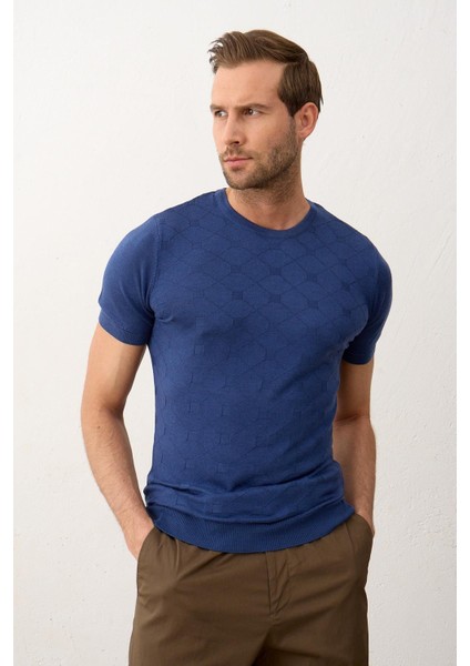 Erkek Kare Desenli Slim-Fit Yazlık Triko T-Shirt Indigo - 5020DNGR