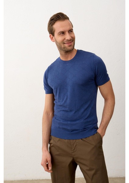 Erkek Kare Desenli Slim-Fit Yazlık Triko T-Shirt Indigo - 5020DNGR fiyatları