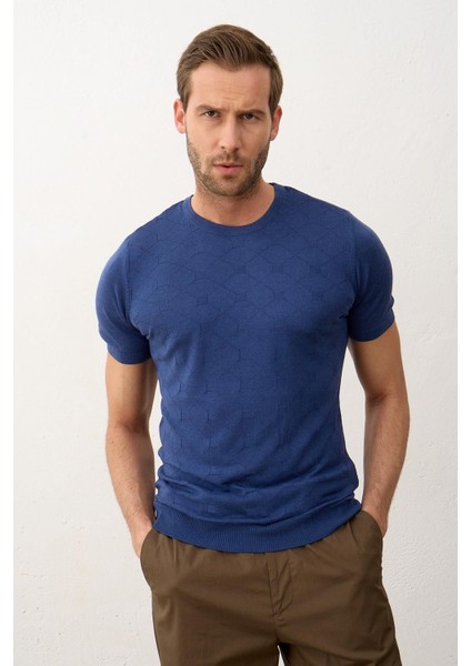 Erkek Kare Desenli Slim-Fit Yazlık Triko T-Shirt Indigo - 5020DNGR modelleri