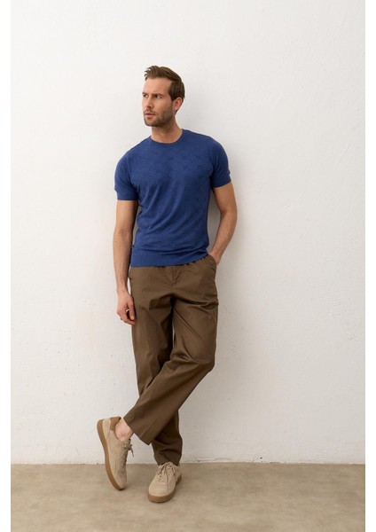 Erkek Kare Desenli Slim-Fit Yazlık Triko T-Shirt Indigo - 5020DNGR fırsatları