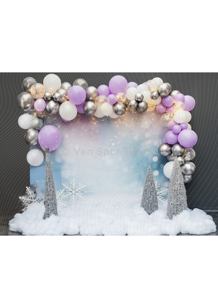 Gümüş ve Mor Balonlarla Kış Masalı Temalı Arka Plan 200 x 150 cm Stüdyo Fonu