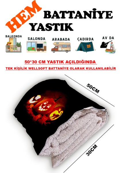 Bal Kabağı Helloween Desen Baskılı Tv Battaniyeli Opsiyonel Dekoratif Hediye Yastık Battaniye 2in1