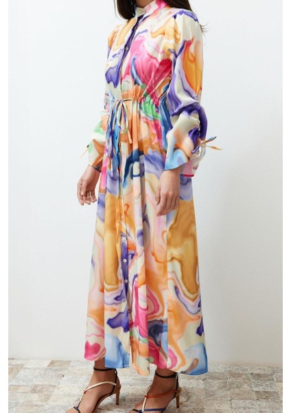 Moda Regular Casual Günlük Chally Dokuma Hakim Yaka Uzun Kol A-Line Maxi Boy Tesettür Elbise