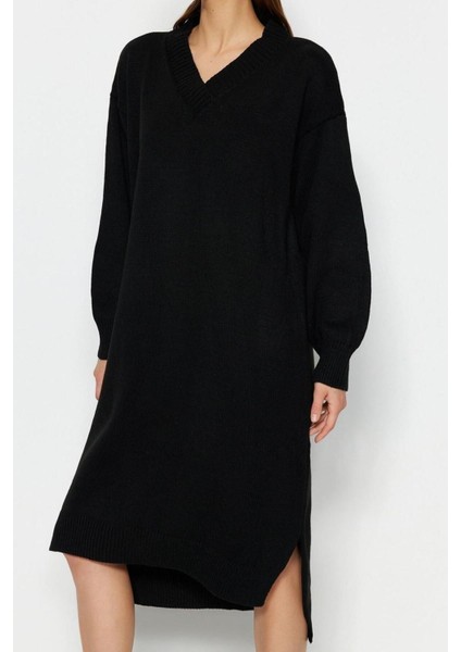 Moda Oversize Casual Günlük Selanik Triko V Yaka Uzun Kol Shift Maxi Boy Elbise