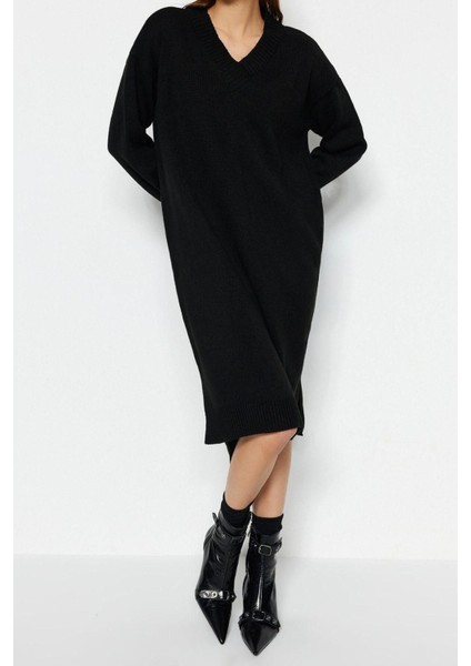 Moda Oversize Casual Günlük Selanik Triko V Yaka Uzun Kol Shift Maxi Boy Elbise
